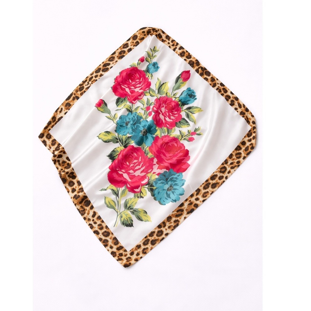Jones New York Floral Leopard Trim Square Scarf Headwrap OS Pink Rose Multi-Wear